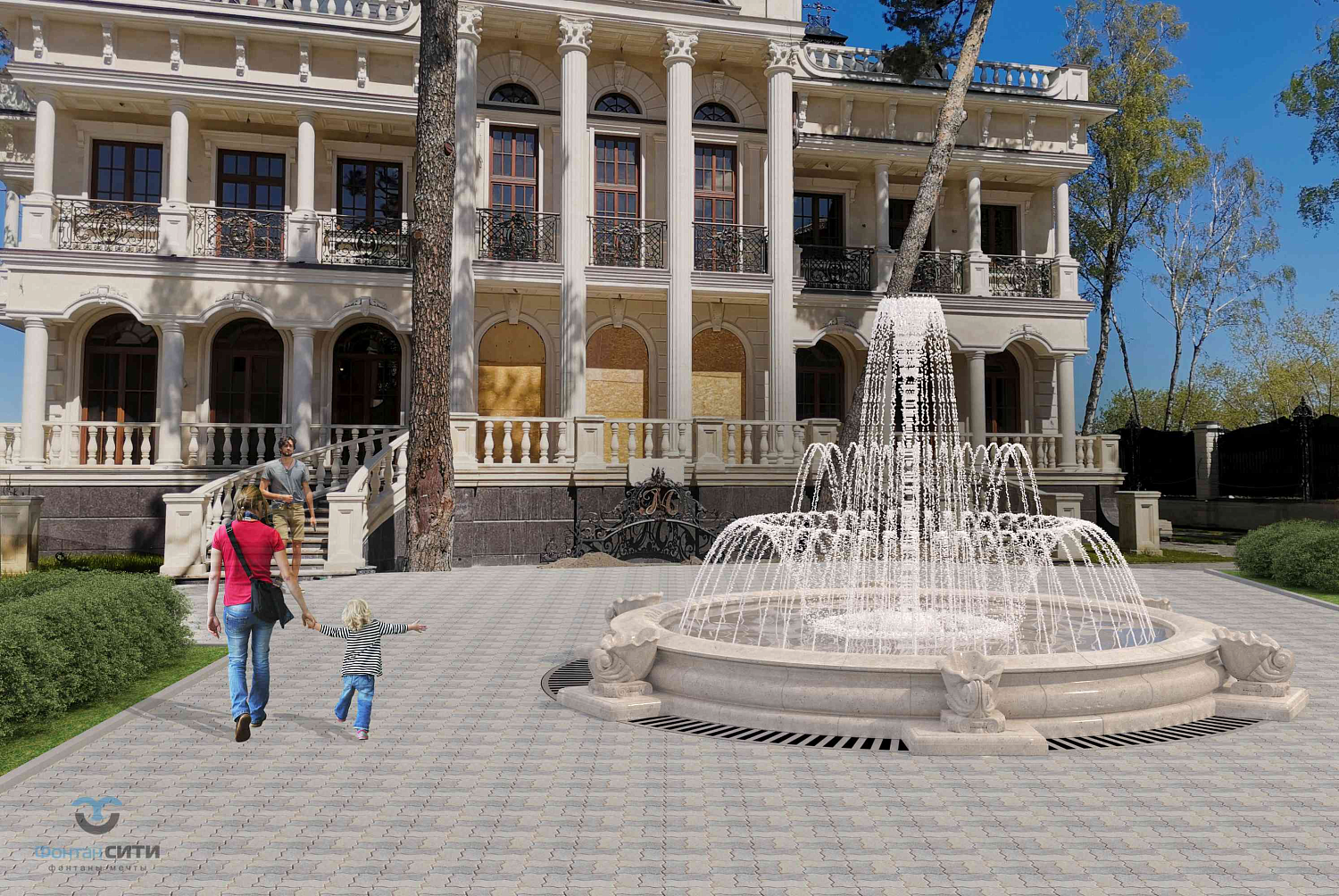 Визуализация классического фонтана из прессованного бетона